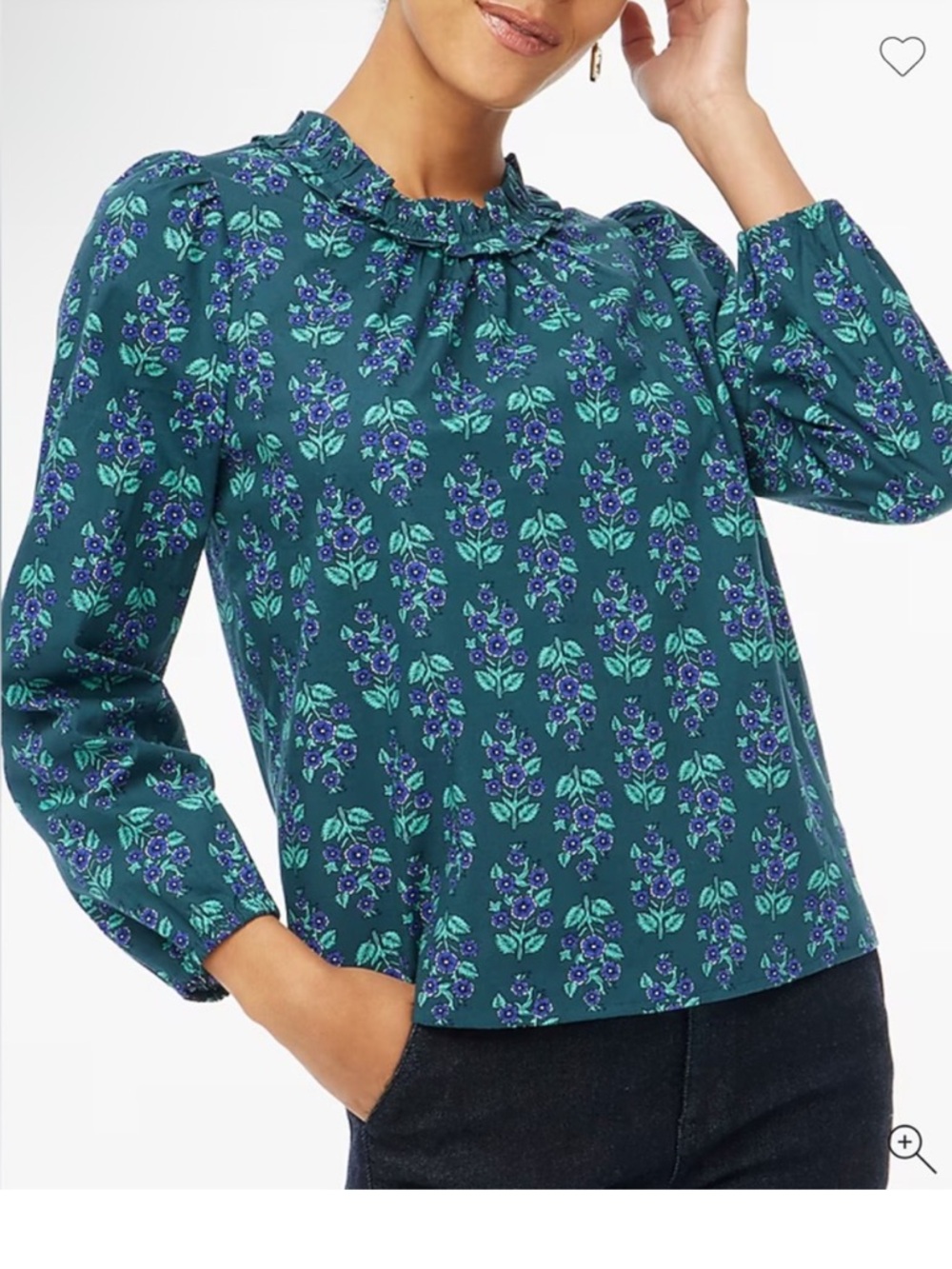 J. Crew Factory Teal Floral Ruffle-Neck Blouse